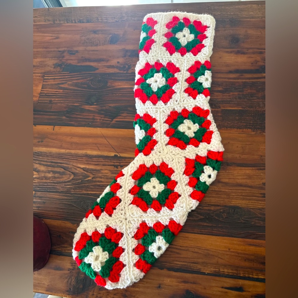 Handmade Knit Crochet Granny Square Christmas Holiday Stocking Red Green Large